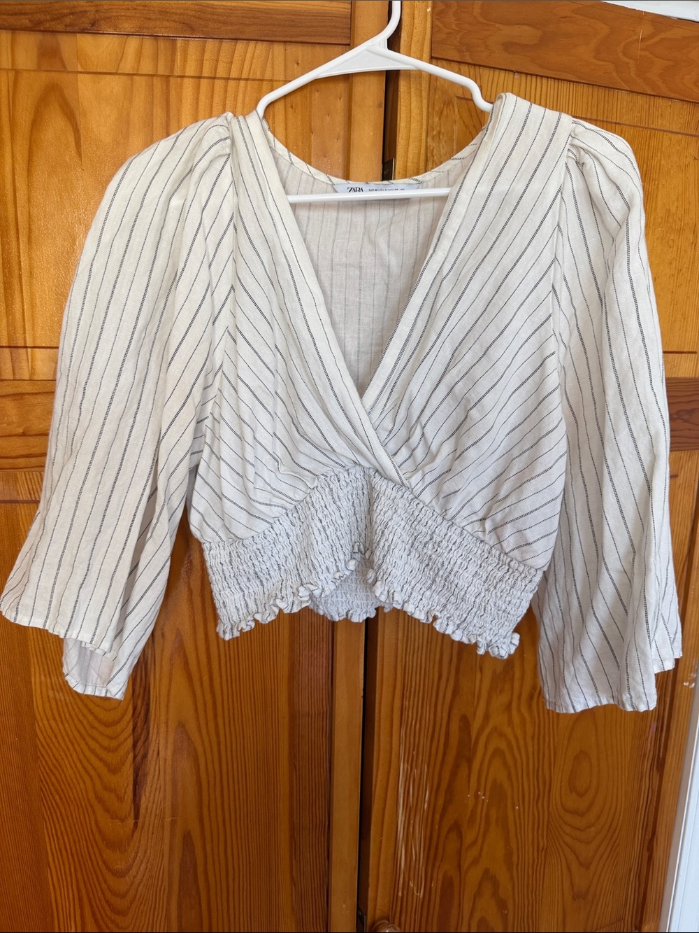 Zara Cream Pinstripe Smocked Wrap Crop Top